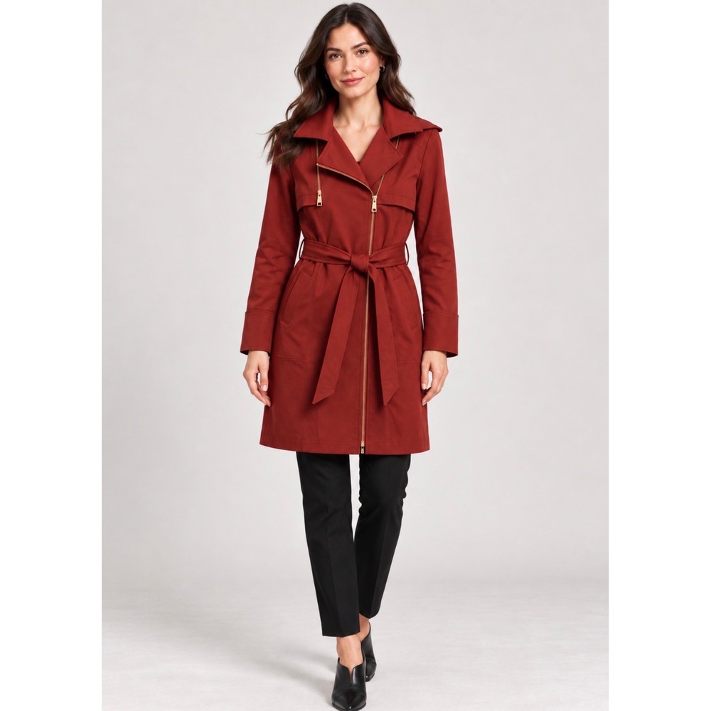 Michael Kors Hooded Asymmetrical Zip Trench Coat Rust Orange Gold Hardware